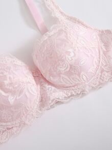 Floral Lace Underwire Sexy Lingerie Bra, Kawaii - Baby Pink - View 5