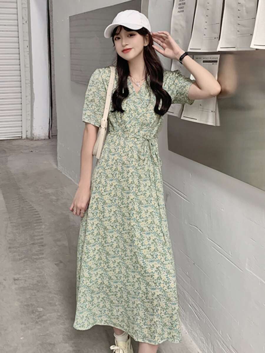 Đầm Thắt lưng Trọn gói Họa tiết hoa Boho - Màu xanh Bạc hà - Xem 1