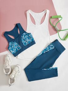 3 piezas Conjunto deportivo con estampado de hoja - Azul y blanco - Ver 1
