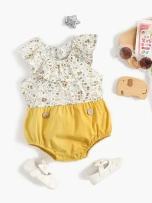 Entzückender Sommer Baby Mädchen Body mit Blumenmuster, gerüschtem Ausschnitt und dreieckigem, ärmellosem Design - Gelb - Übersicht 1