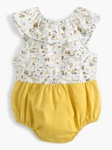 Entzückender Sommer Baby Mädchen Body mit Blumenmuster, gerüschtem Ausschnitt und dreieckigem, ärmellosem Design - Gelb - Übersicht 2