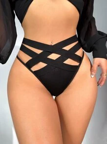 Goth Black Cut Out Criss Cross Medium Stretch Thongs For Women - Black - View 3
