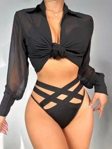 Goth Black Cut Out Criss Cross Medium Stretch Thongs For Women - Black - View 4