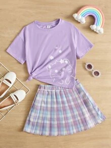 SHEIN 女孩卡通圖案T恤和格紋百褶半身裙