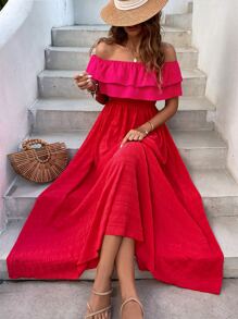 SHEIN VCAY Off Shoulder Ruffle Trim Dress - Red - View 1