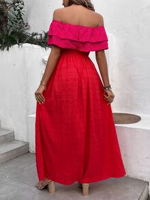 SHEIN VCAY Off Shoulder Ruffle Trim Dress - Red - View 2