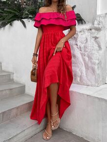 SHEIN VCAY Off Shoulder Ruffle Trim Dress - Red - View 4