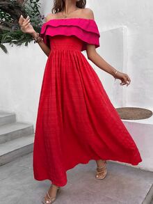 SHEIN VCAY Off Shoulder Ruffle Trim Dress - Red - View 5