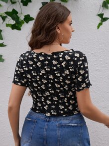 Dreamara Plus Ditsy Floral Print Lettuce Trim Ruched Front Tee - Black - View 2