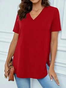 SHEIN Tall 素色V領下擺開叉T恤 - 紅色 - 查看 1