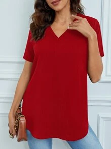 SHEIN Tall 素色V領下擺開叉T恤 - 紅色 - 查看 4