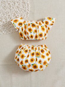 SHEIN 嬰兒向日葵圖案荷葉邊上衣和短褲 - 彩色 - 查看 2