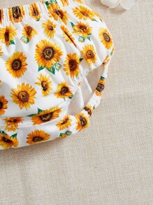 SHEIN 嬰兒向日葵圖案荷葉邊上衣和短褲 - 彩色 - 查看 3