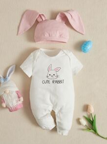 SHEIN Baby Girl Newborn Rabbit & Letter Graphic Sleep Jumpsuit & Hat - Multicolor - View 1