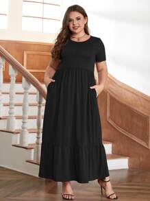 Plus Solid Ruffle Hem Dress - Black - View 1