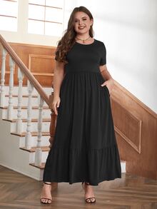 Plus Solid Ruffle Hem Dress - Black - View 3