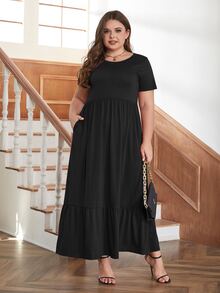Plus Solid Ruffle Hem Dress - Black - View 5
