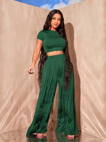 SHEIN SXY Solid Crop Top & Wide Leg Trousers - Dark Green - View 4