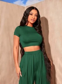 SHEIN SXY Solid Crop Top & Wide Leg Trousers - Dark Green - View 5
