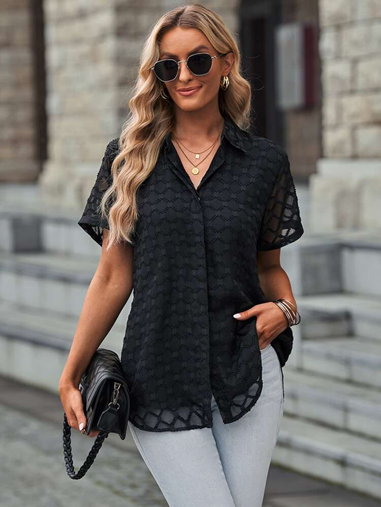 Acelitt Women Casual Solid Color Mesh Patchwork Lapel Single-Breasted Shirt, Summer Black