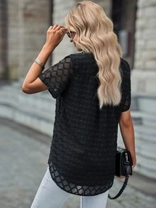 Acelitt 女士休闲纯色网眼拼布翻领单排扣衬衫，夏季