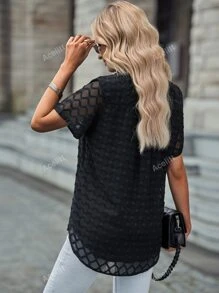 Acelitt Camisa informal de mujer de un solo botonadura con solapa, parche de malla y unicolor, para verano