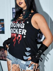 ROMWE PUNK Plus Fire & Letter Graphic Tank Top - Black - View 4