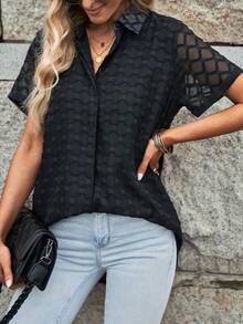 Acelitt 女士休闲纯色网眼拼布翻领单排扣衬衫，夏季