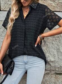 Acelitt Camisa informal de mujer de un solo botonadura con solapa, parche de malla y unicolor, para verano