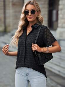 Acelitt 女士休闲纯色网眼拼布翻领单排扣衬衫，夏季