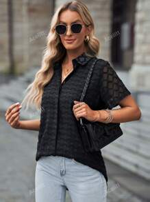 Acelitt Camisa informal de mujer de un solo botonadura con solapa, parche de malla y unicolor, para verano