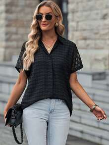 Acelitt 女士休闲纯色网眼拼布翻领单排扣衬衫，夏季