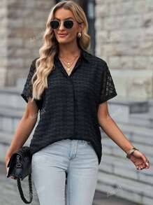 Acelitt Camisa informal de mujer de un solo botonadura con solapa, parche de malla y unicolor, para verano