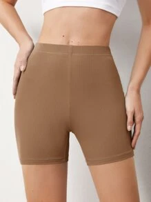 SHEIN BASICS Shorts Biker De Punto De Canalé Liso - Caqui - Ver 1