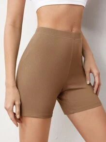 SHEIN BASICS Shorts Biker De Punto De Canalé Liso - Caqui - Ver 3