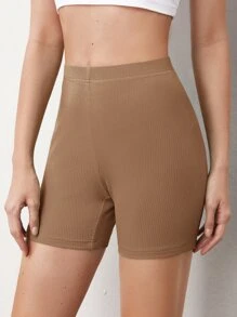 SHEIN BASICS Shorts Biker De Punto De Canalé Liso - Caqui - Ver 4