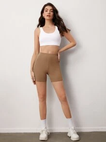 SHEIN BASICS Shorts Biker De Punto De Canalé Liso - Caqui - Ver 5
