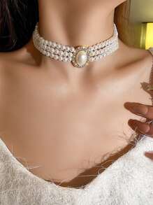 1條優雅的人造珍珠和鑽石裝飾層積式頸鍊,女士日常裝飾