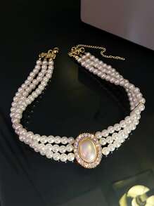 1條優雅的人造珍珠和鑽石裝飾層積式頸鍊,女士日常裝飾