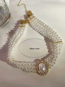 1條優雅的人造珍珠和鑽石裝飾層積式頸鍊,女士日常裝飾