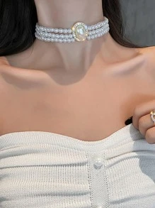 1條優雅的人造珍珠和鑽石裝飾層積式頸鍊,女士日常裝飾