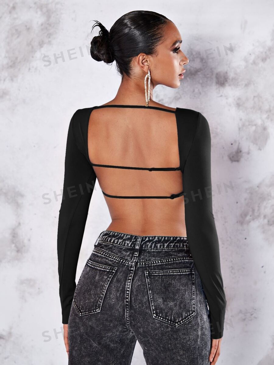 SHEIN BAE Top crop unicolor de espalda abierta - Negro - Ver 1