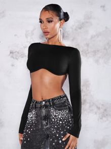 SHEIN BAE Top crop unicolor de espalda abierta - Negro - Ver 5