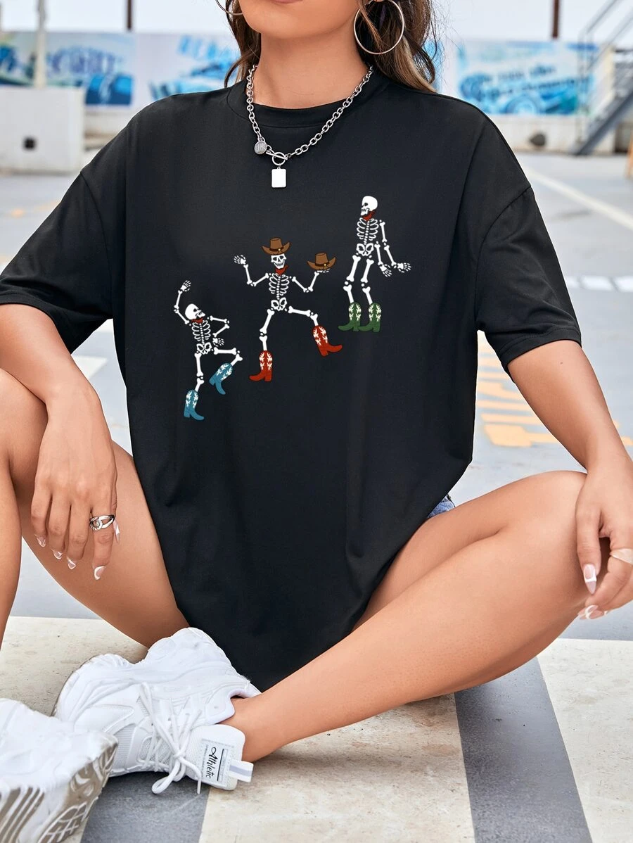 SHEIN EZwear Skeleton Print Drop Shoulder Tee - Black - View 1