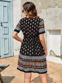 EMERY ROSE Geo & Floral Print Surplice Neck A-line Dress Without Belt - Multicolor - View 3