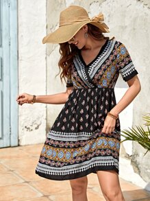 EMERY ROSE Geo & Floral Print Surplice Neck A-line Dress Without Belt - Multicolor - View 6