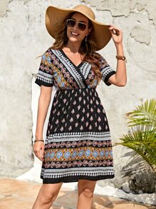 EMERY ROSE Geo & Floral Print Surplice Neck A-line Dress Without Belt - Multicolor - View 1