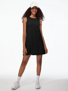 SHEIN BASICS Solid Round Neck Loose Fit Tank Dress - Black - View 3