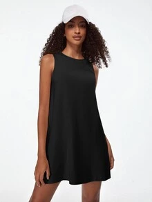 SHEIN BASICS Solid Round Neck Loose Fit Tank Dress - Black - View 4