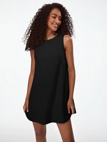 SHEIN BASICS Solid Round Neck Loose Fit Tank Dress - Black - View 5